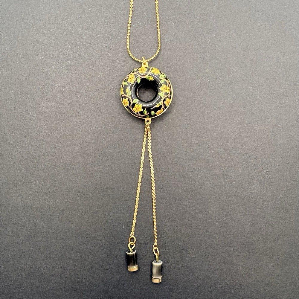 Vintage Floral Enamel Open Circle Gold Tone Necklace‎ w/ Tassels 18" Retro